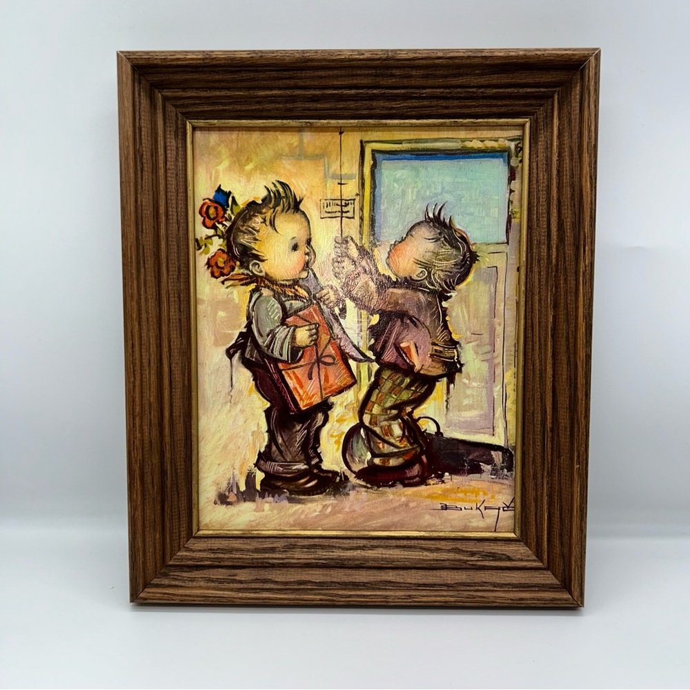 Vtg Jean Bukac Lithograph Juvenile Two Boys Friends Playing MCM Nursery Art 12"